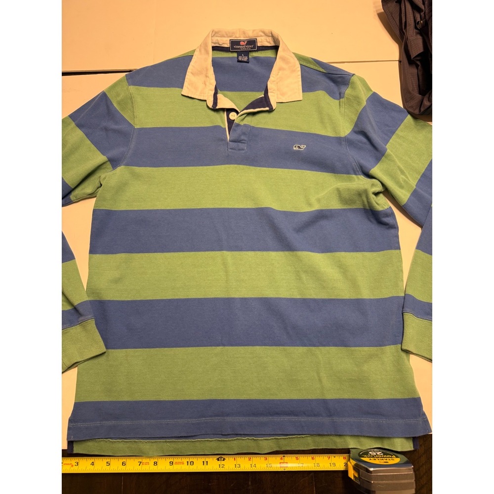 Vineyard Vines Mens Rugby Shirt Blue Green Striped Long Sleeve 1K0389 Large